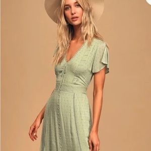 Lulu’s sage green Completely In Love Swiss dot maxi dress